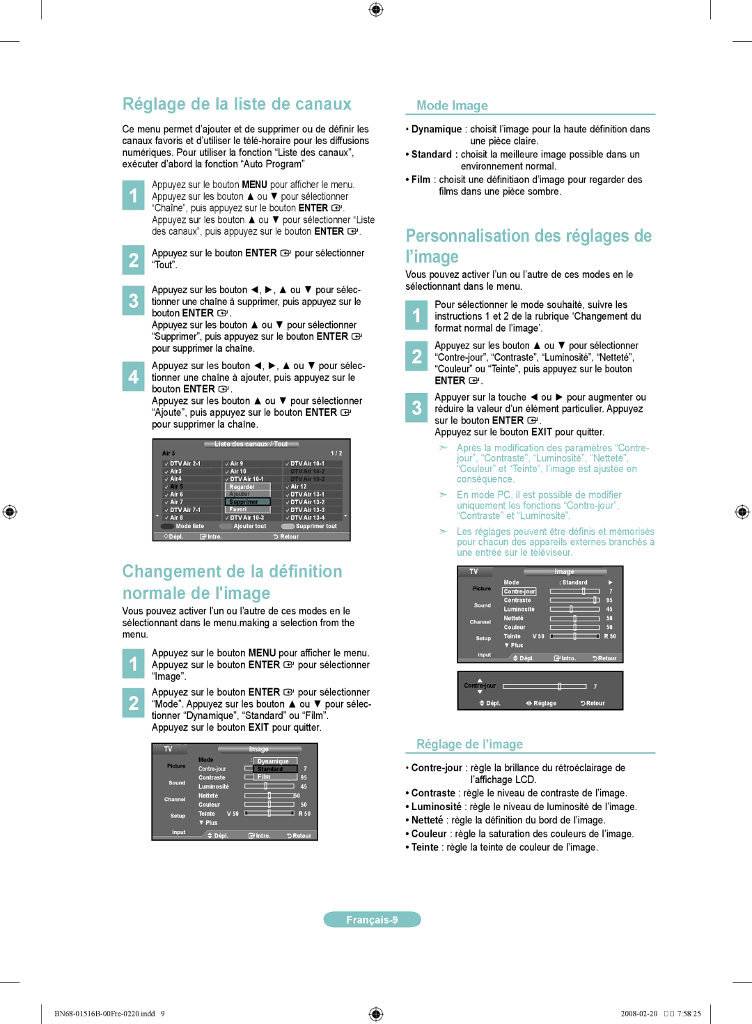 Samsung LN32A330J1D, LN26A330J1D manual Réglage de la liste de canaux, Personnalisation des réglages de l’image, Mode Image 