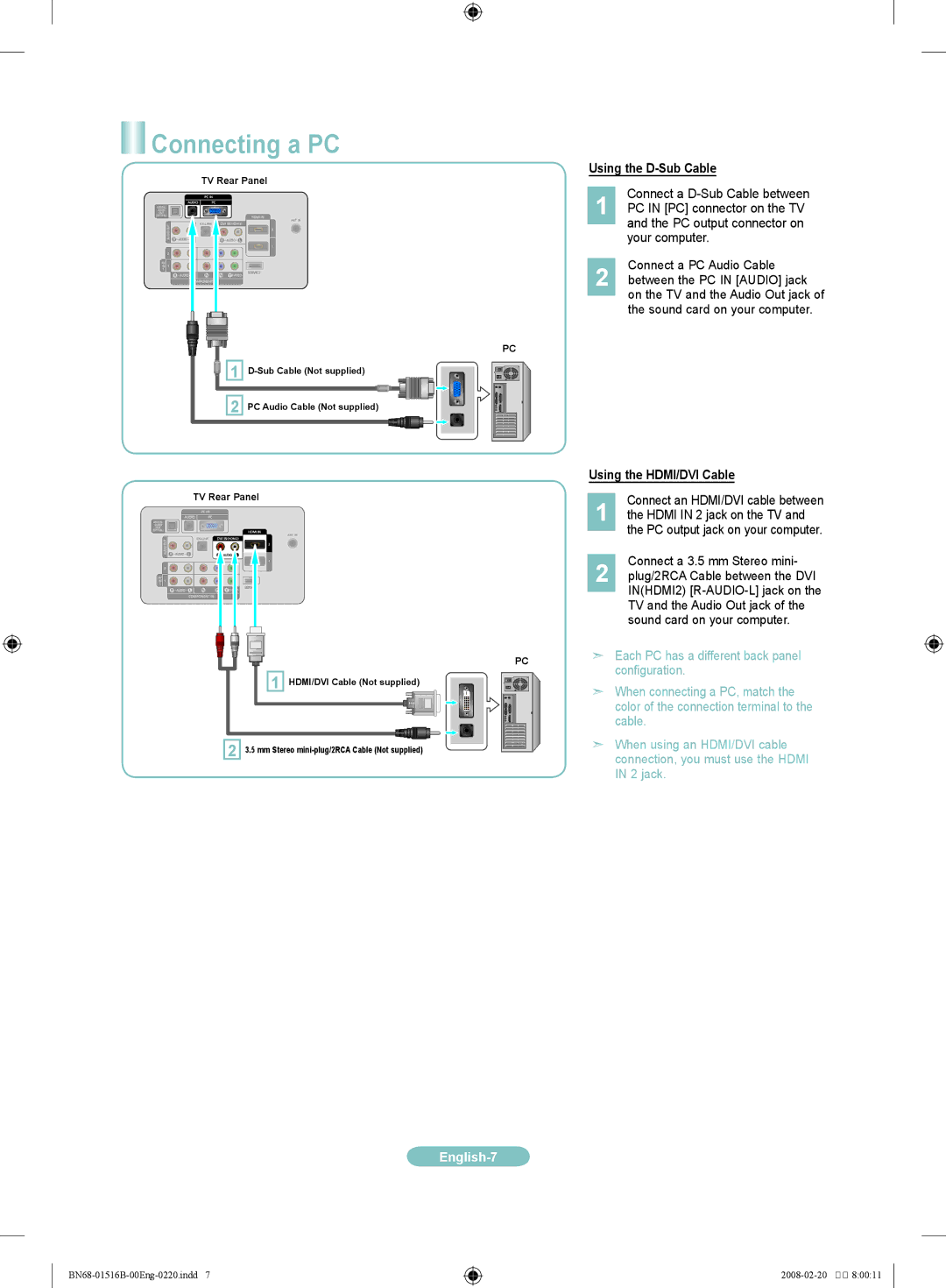 Samsung LN37A330J1D Connecting a PC, Using the D-Sub Cable, Using the HDMI/DVI Cable, Connect an HDMI/DVI cable between 