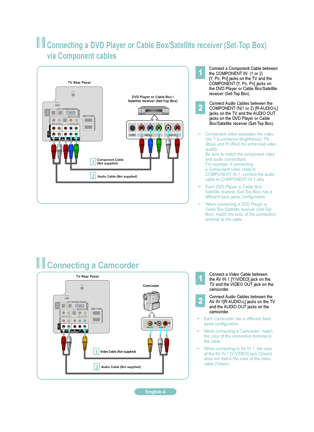 Samsung LN32A330J1N manual Connecting a Camcorder, Connect a Component Cable between Component in 1 or 