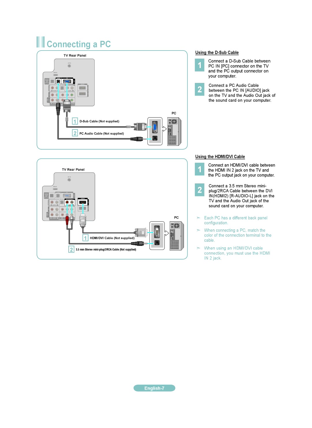 Samsung LN32A330J1N Connecting a PC, Using the D-Sub Cable, Using the HDMI/DVI Cable, Connect an HDMI/DVI cable between 