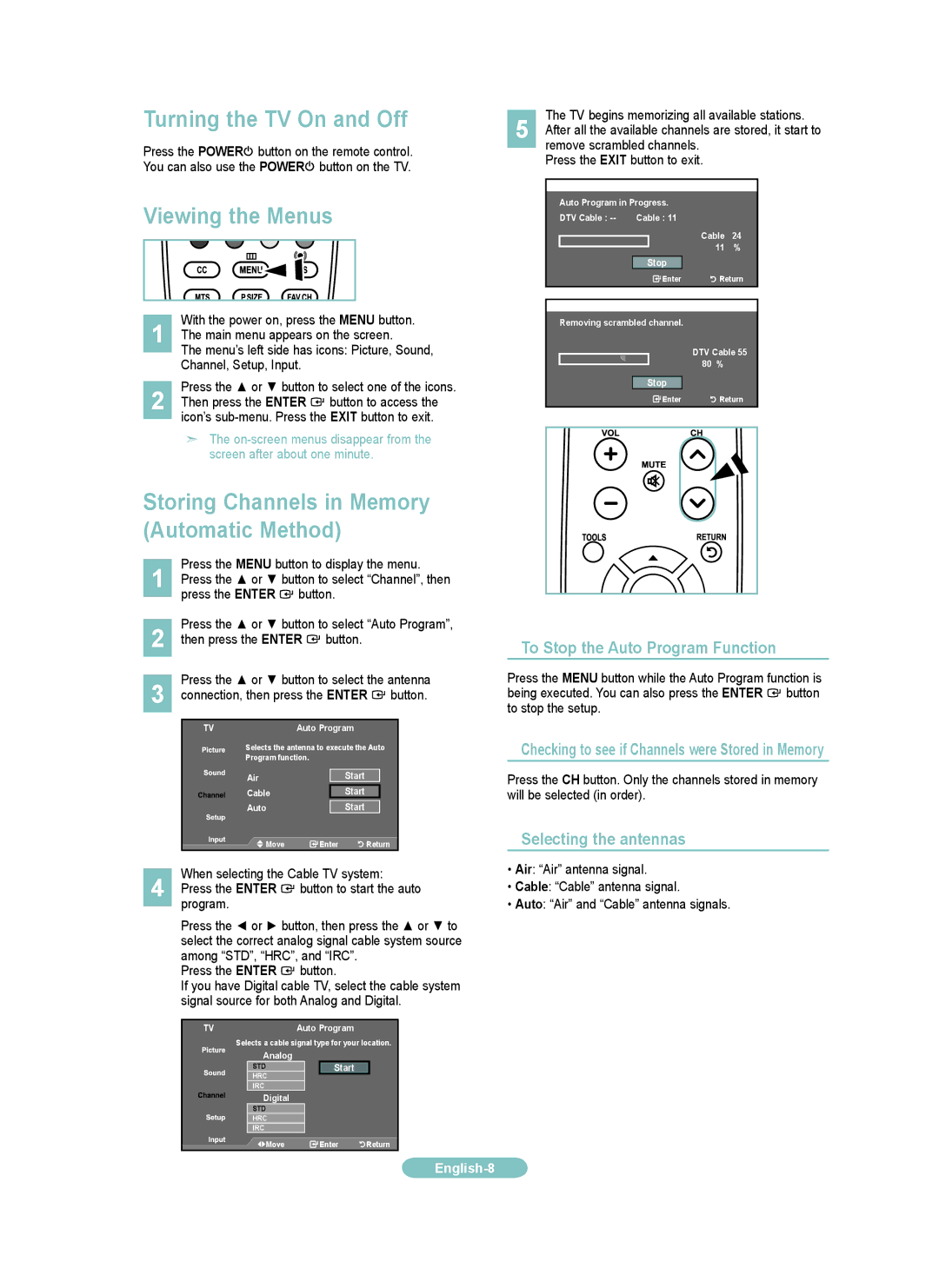 Samsung LN32A330J1N manual Turning the TV On and Off, Viewing the Menus, Storing Channels in Memory Automatic Method 