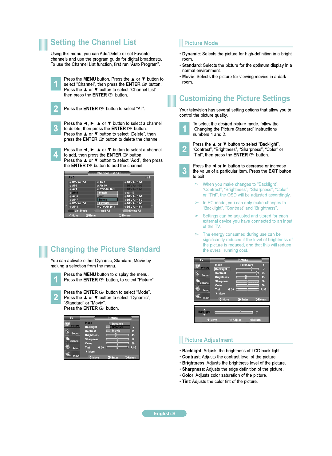 Samsung LN32A330J1N manual Setting the Channel List, Customizing the Picture Settings, Changing the Picture Standard 