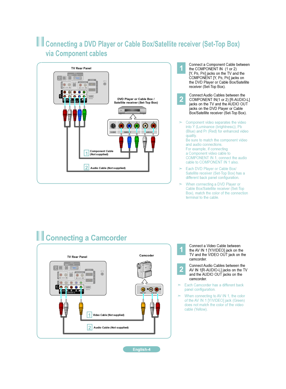 Samsung LN32A330JD, LN26A330JD, LN40A330JD manual Connecting a Camcorder, Connect a Component Cable between Component in 1 or 