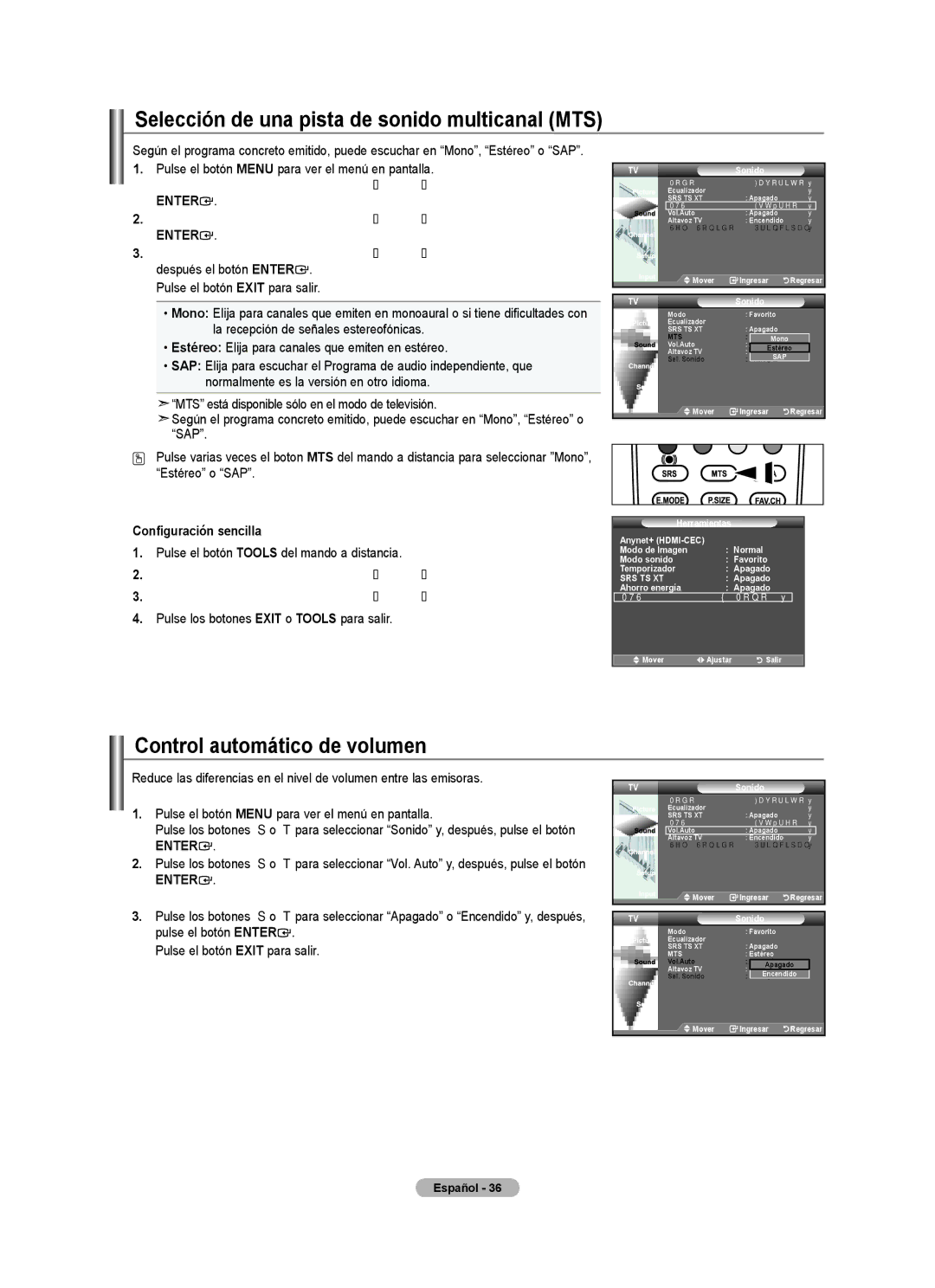 Samsung LN32A450C1 user manual Selección de una pista de sonido multicanal MTS, Control automático de volumen 