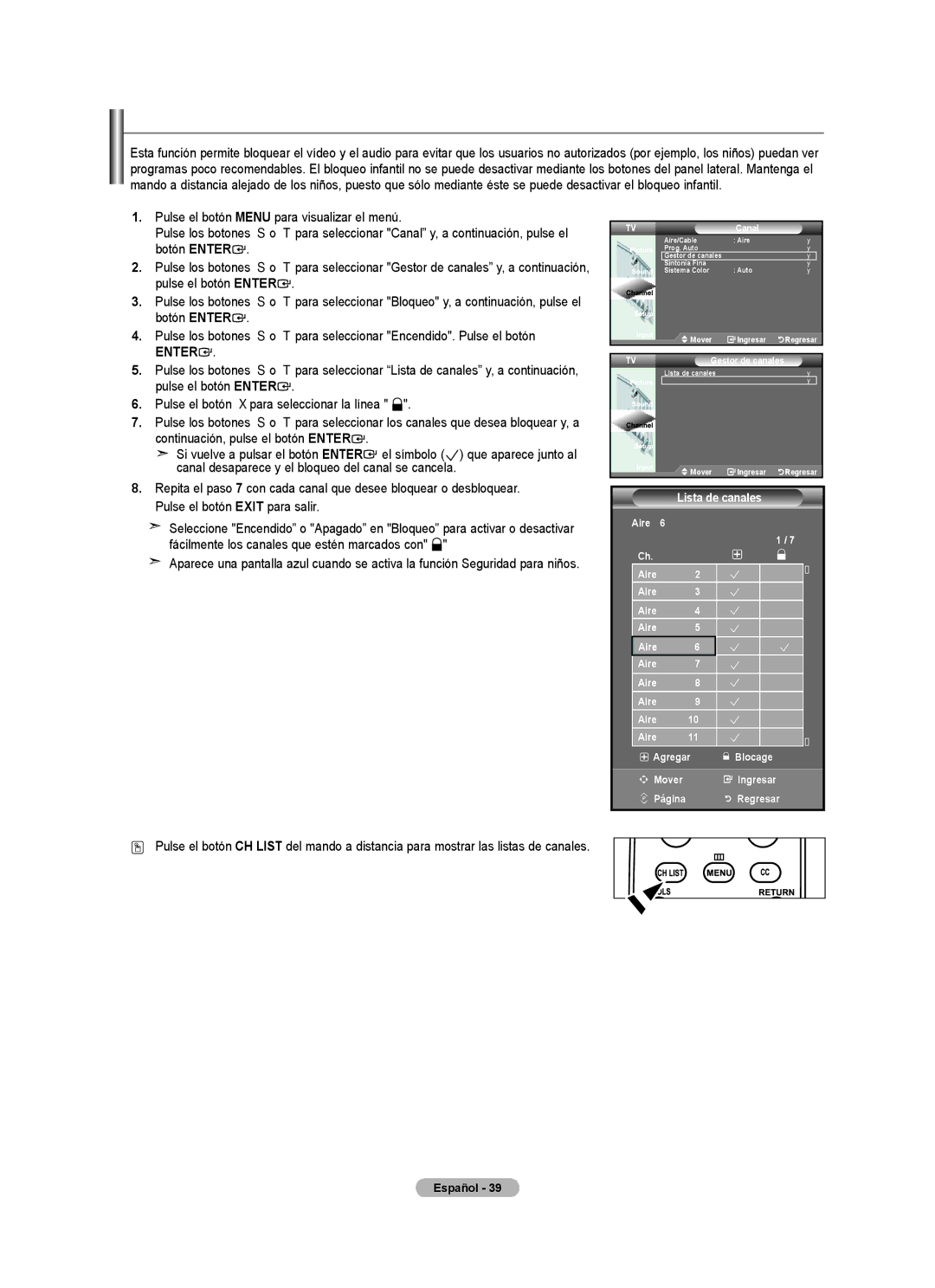 Samsung LN32A450C1 user manual Activación del bloqueo infantil, Aire 