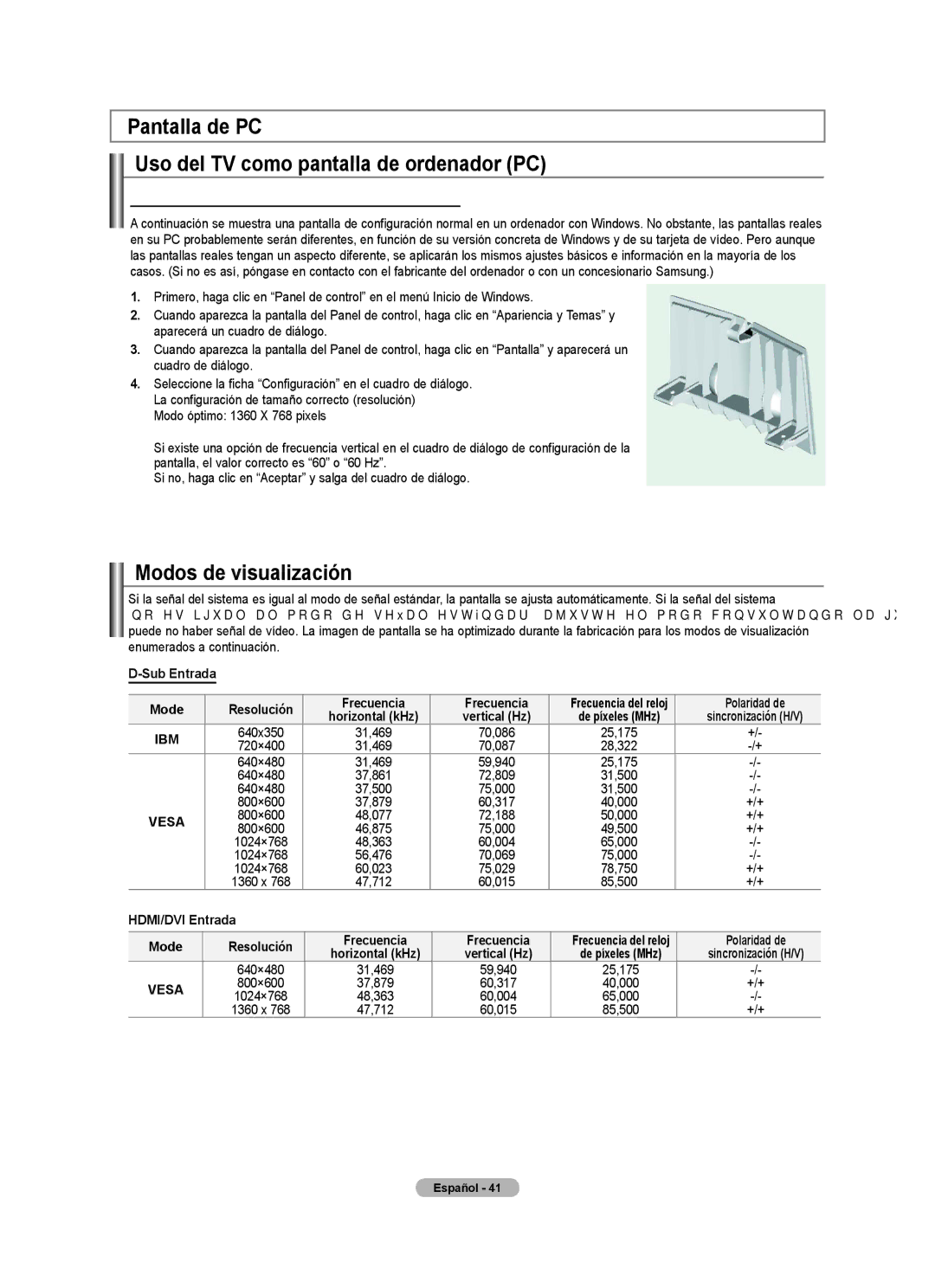 Samsung LN32A450C1 user manual Pantalla de PC Uso del TV como pantalla de ordenador PC, Modos de visualización, Sub Entrada 