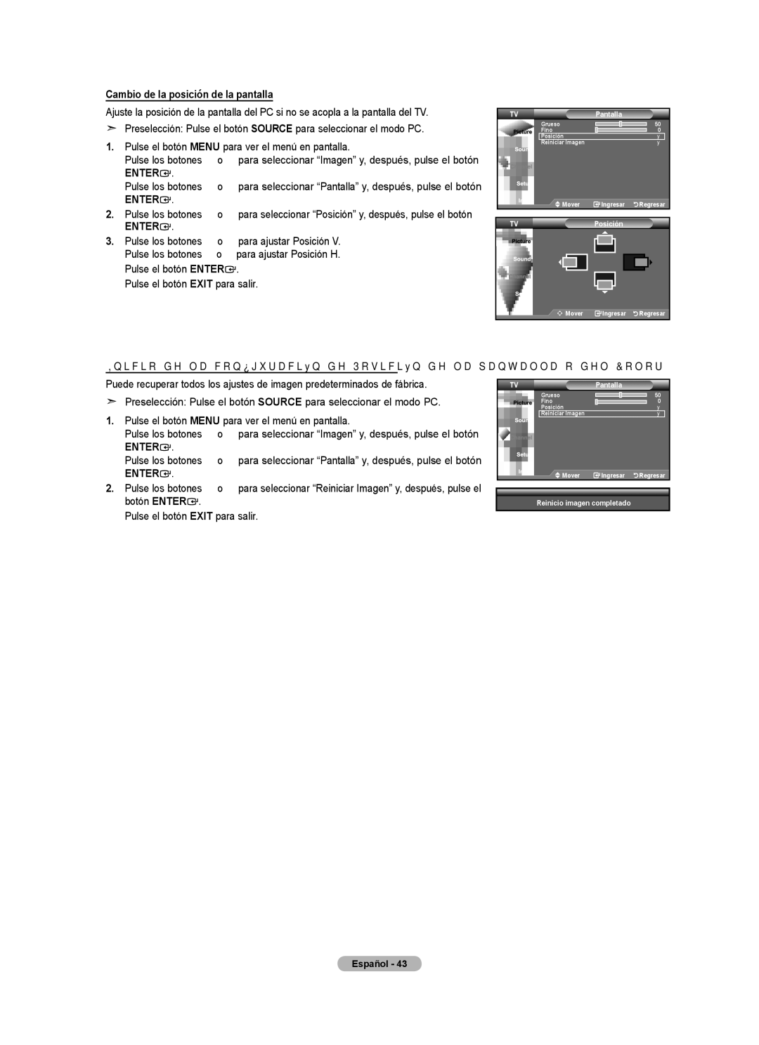 Samsung LN32A450C1 user manual Cambio de la posición de la pantalla, Pantalla, TVPosición, Reinicio imagen completado 