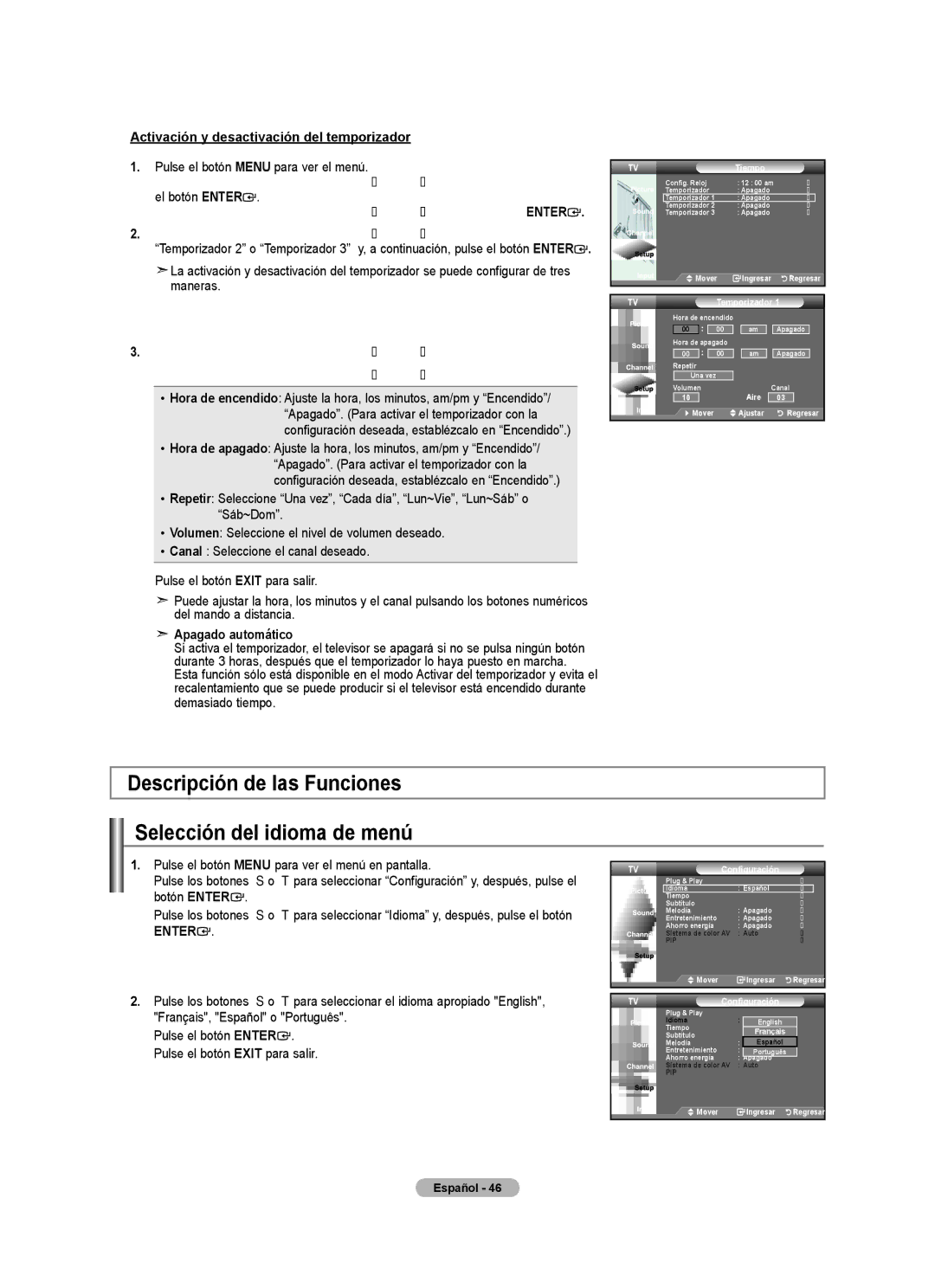Samsung LN32A450C1 Descripción de las Funciones Selección del idioma de menú, Activación y desactivación del temporizador 