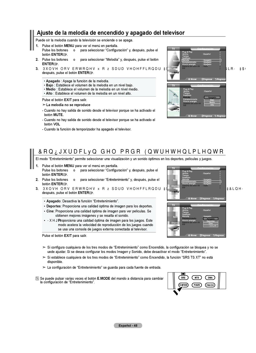 Samsung LN32A450C1 Ajuste de la melodía de encendido y apagado del televisor, Configuración del modo Entretenimiento 