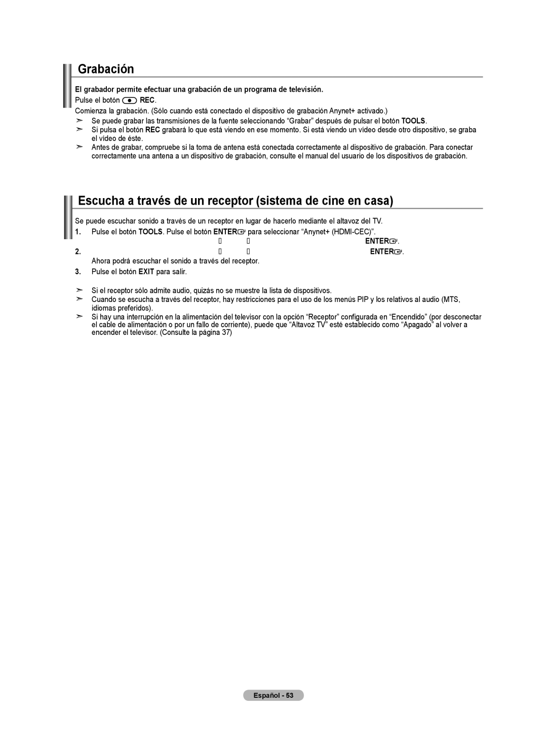 Samsung LN32A450C1 user manual Grabación, Escucha a través de un receptor sistema de cine en casa 