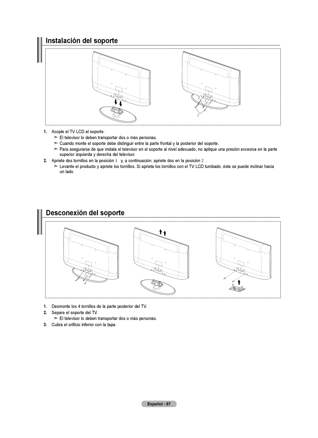 Samsung LN32A450C1 user manual Instalación del soporte, Desconexión del soporte 