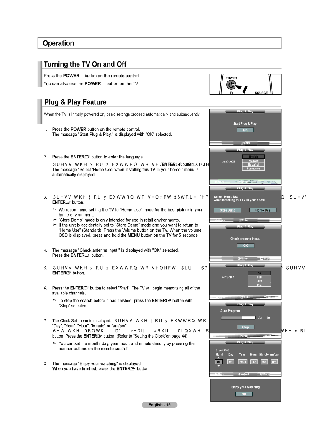 Samsung LN32A450C1 user manual Operation Turning the TV On and Off, Plug & Play Feature, Day, Year, Hour, Minute or am/pm 