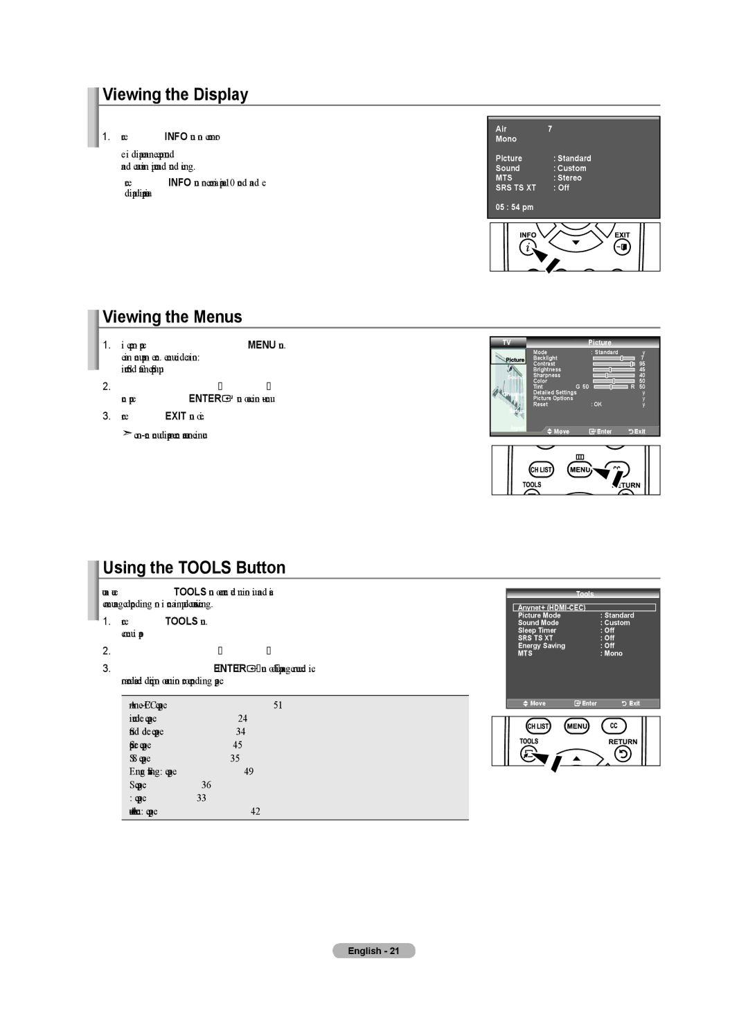 Samsung LN32A450C1 Viewing the Display, Viewing the Menus, Using the Tools Button, Press the or button to select a menu 