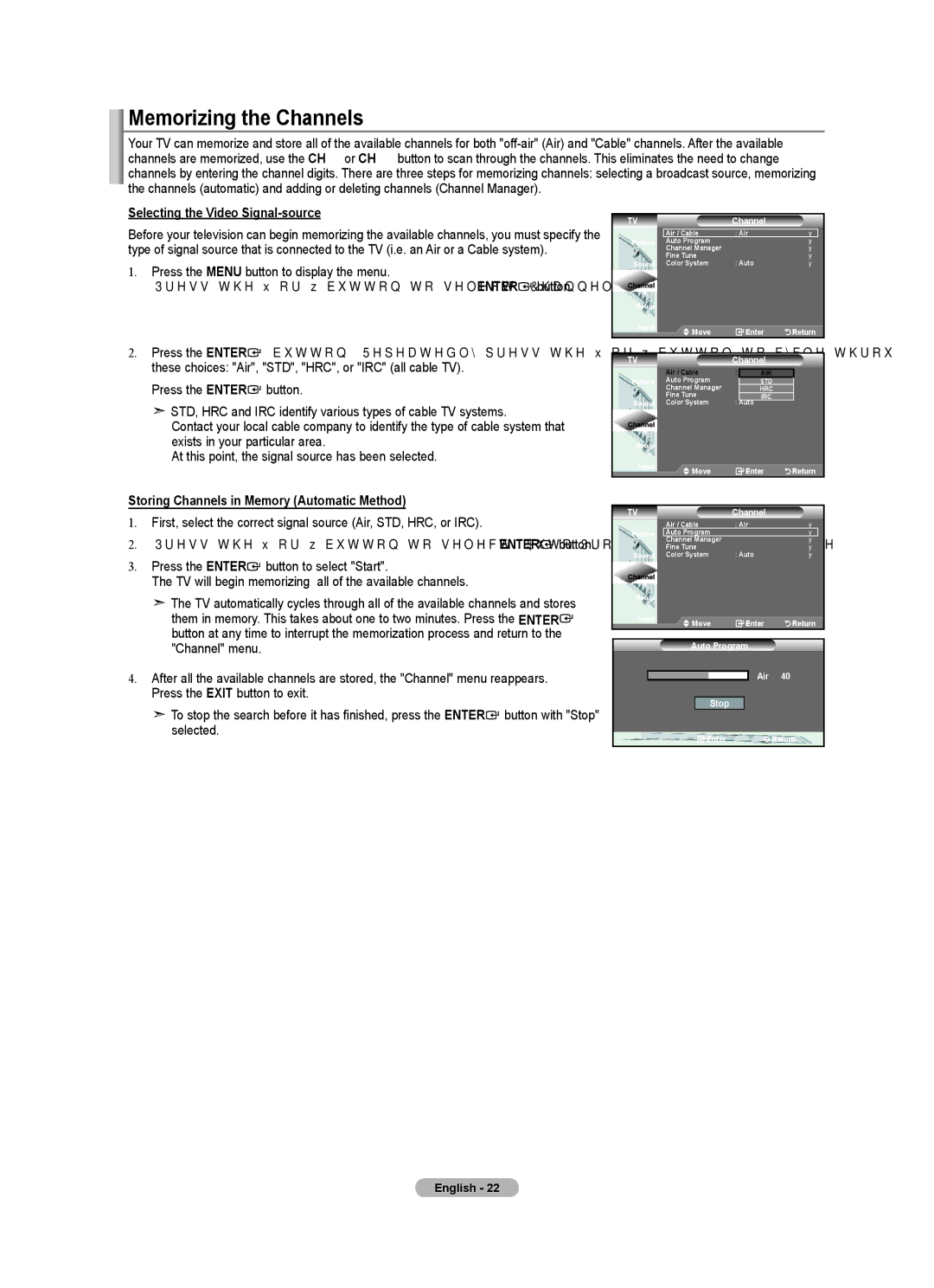 Samsung LN32A450C1 Memorizing the Channels, Selecting the Video Signal-source, Storing Channels in Memory Automatic Method 