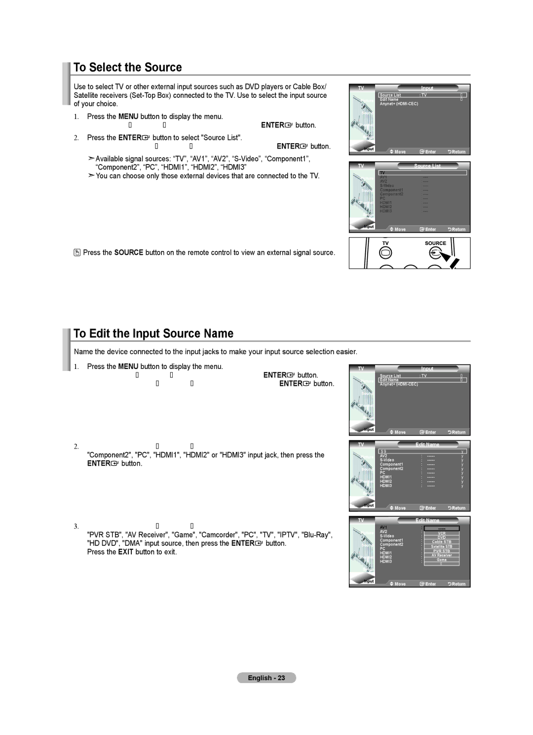 Samsung LN32A450C1 user manual To Select the Source, To Edit the Input Source Name, Button, Edit Name 