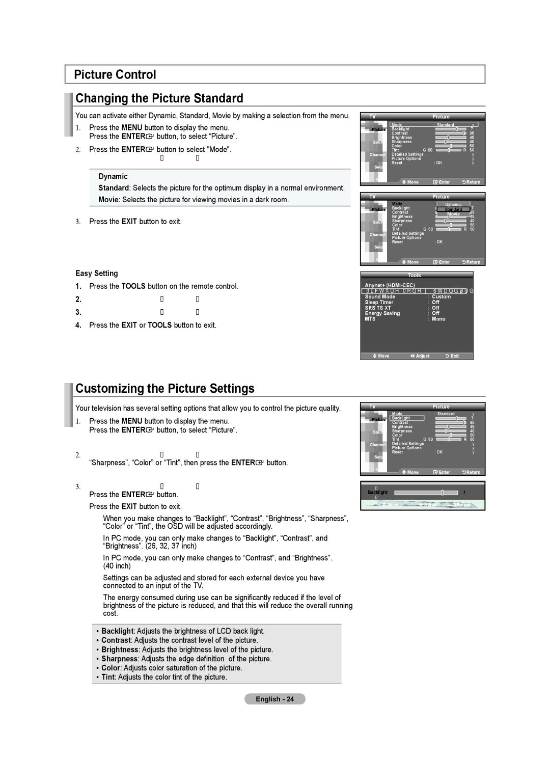 Samsung LN32A450C1 Picture Control Changing the Picture Standard, Customizing the Picture Settings, Easy Setting 