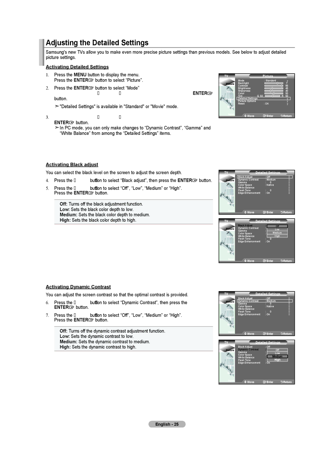 Samsung LN32A450C1 user manual Adjusting the Detailed Settings, Activating Detailed Settings, Activating Black adjust 