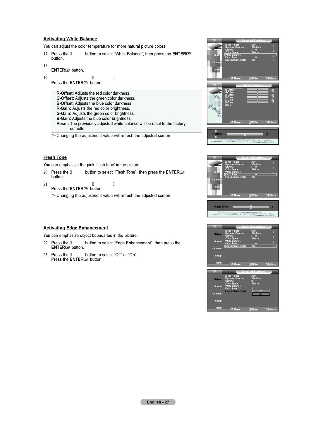 Samsung LN32A450C1 user manual Activating White Balance,  R-OffsetAdjusts the red color darkness, Defaults, Flesh Tone 