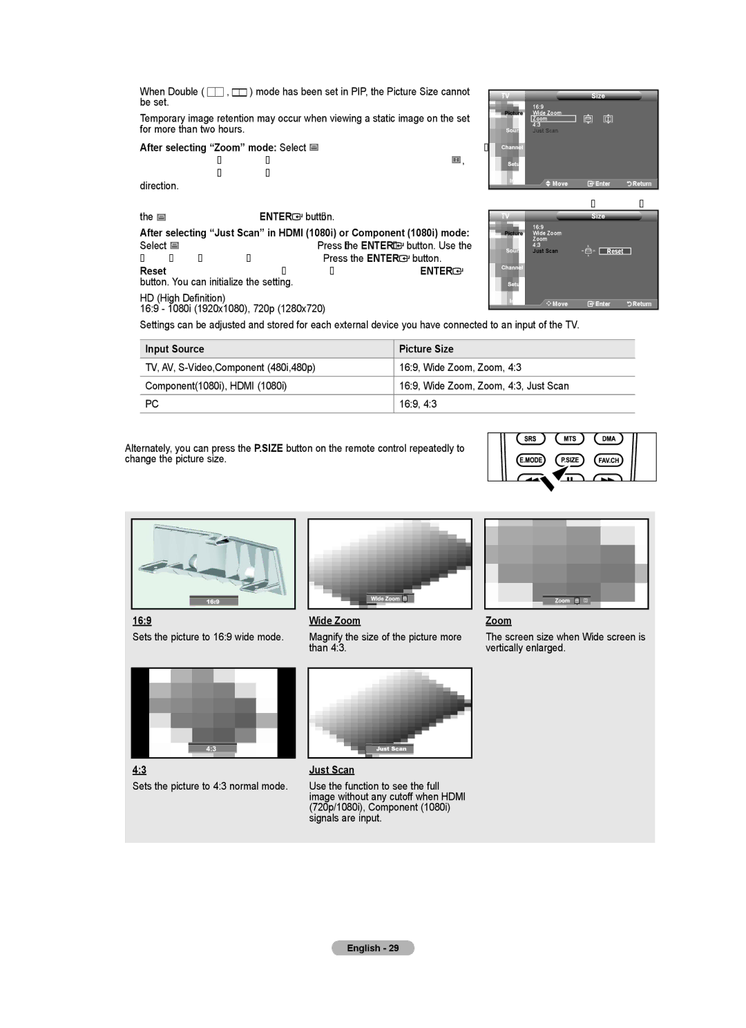 Samsung LN32A450C1 user manual Input Source Picture Size, 169, Wide Zoom, Just Scan 