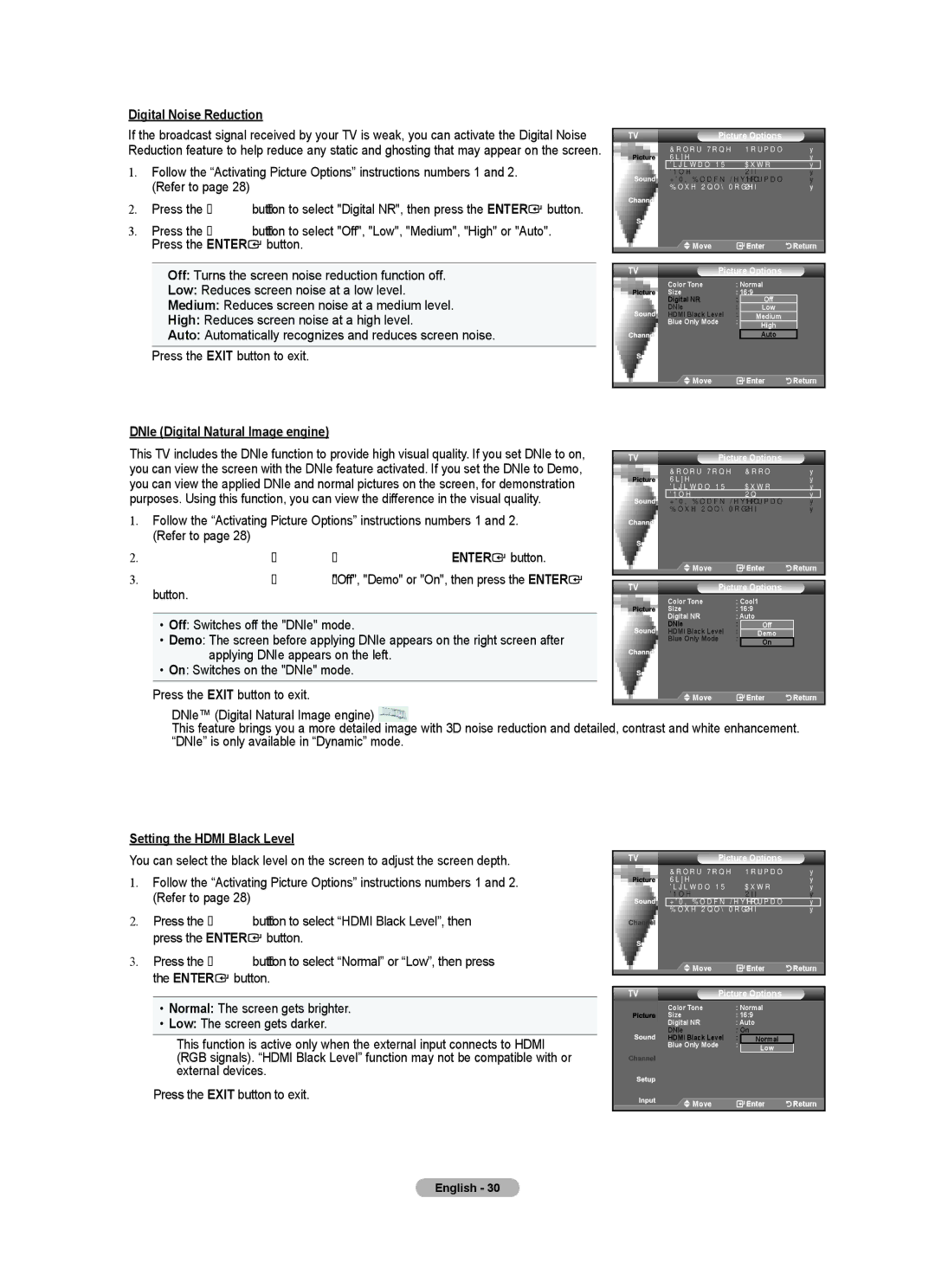 Samsung LN32A450C1 user manual Digital Noise Reduction, DNIe Digital Natural Image engine, Setting the Hdmi Black Level 