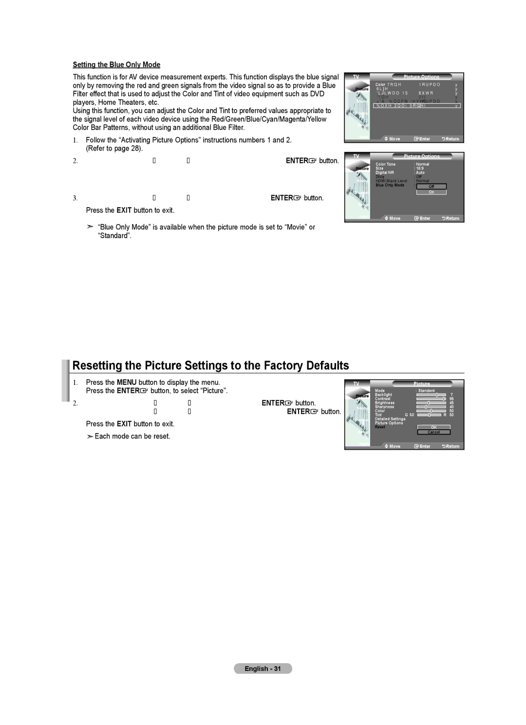 Samsung LN32A450C1 user manual Resetting the Picture Settings to the Factory Defaults, Setting the Blue Only Mode 