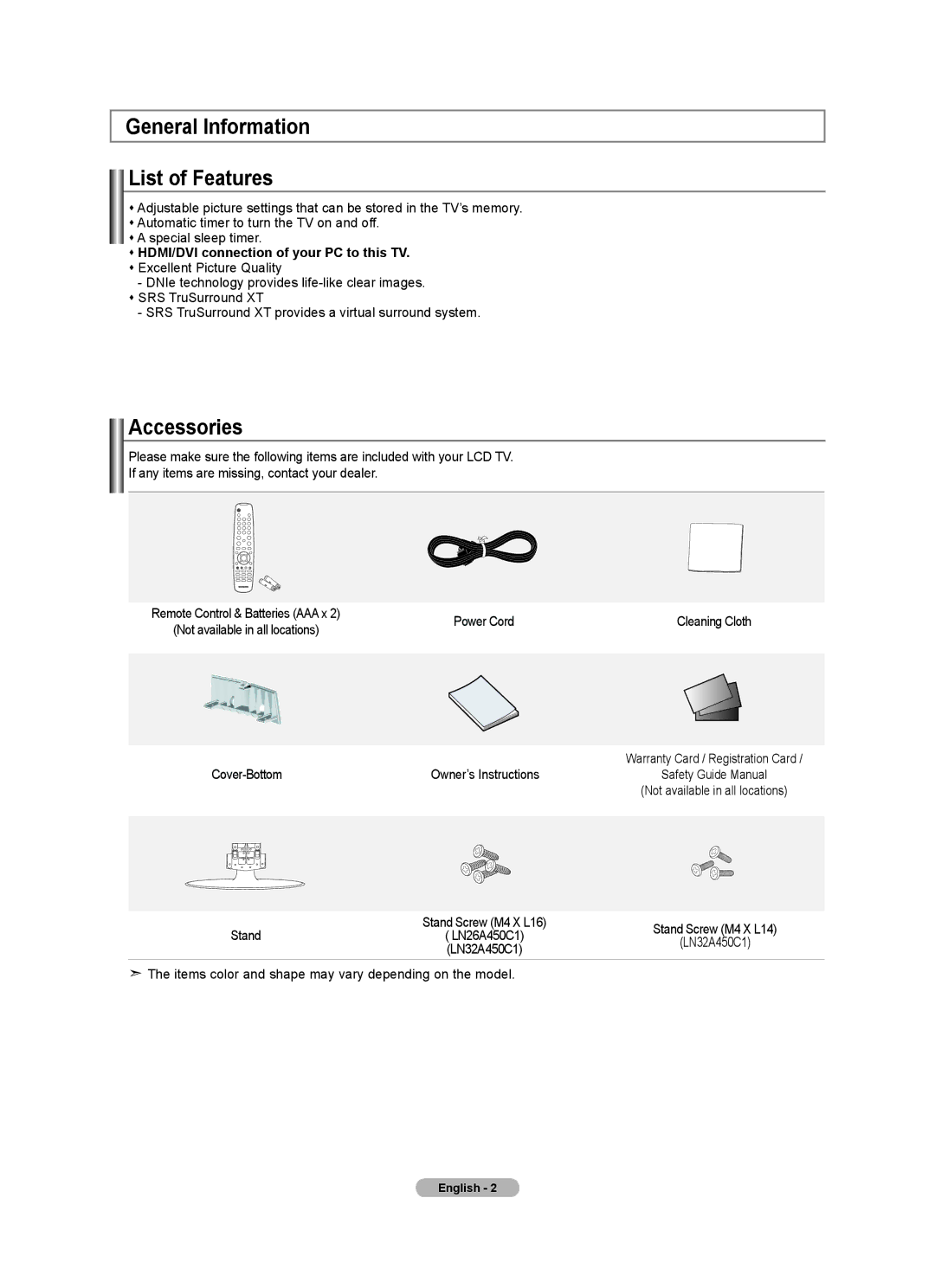 Samsung LN32A450C1 General Information List of Features, Accessories,  HDMI/DVI connection of your PC to this TV 