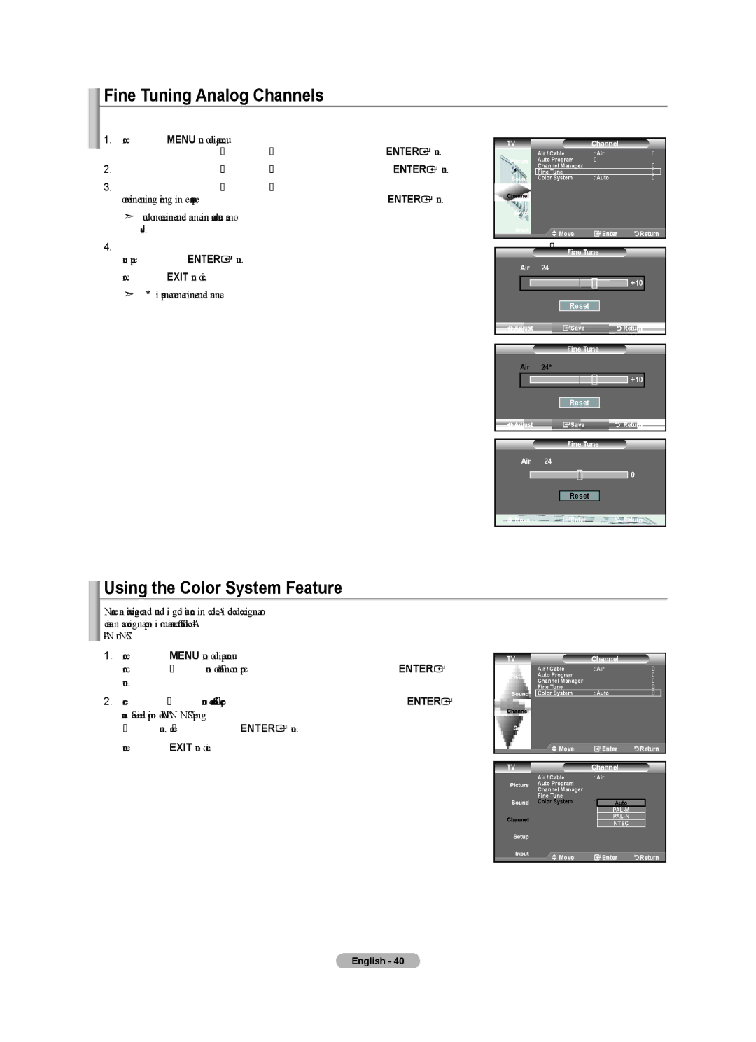 Samsung LN32A450C1 user manual Fine Tuning Analog Channels, Using the Color System Feature 