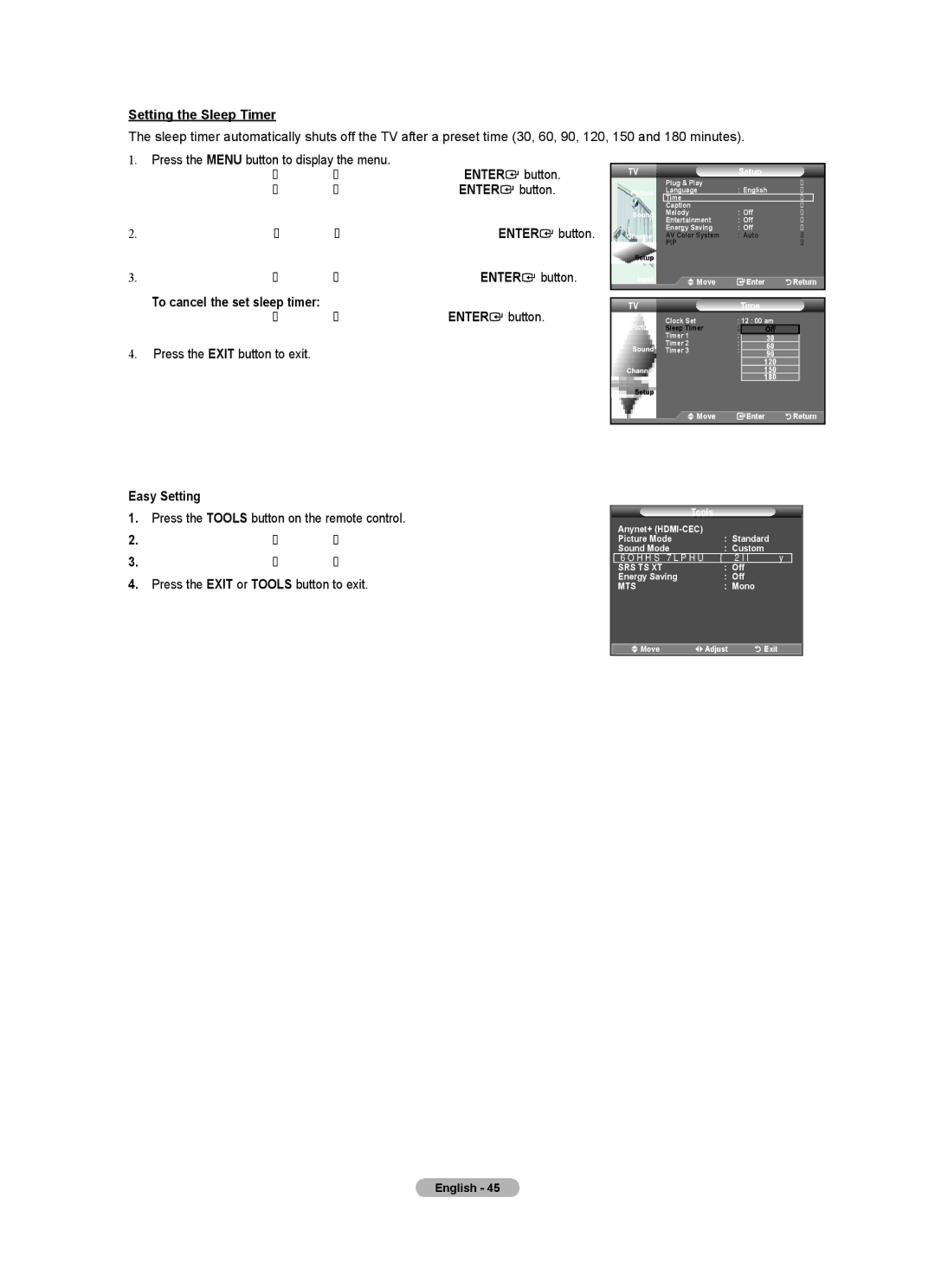 Samsung LN32A450C1 user manual Setting the Sleep Timer, To cancel the set sleep timer 