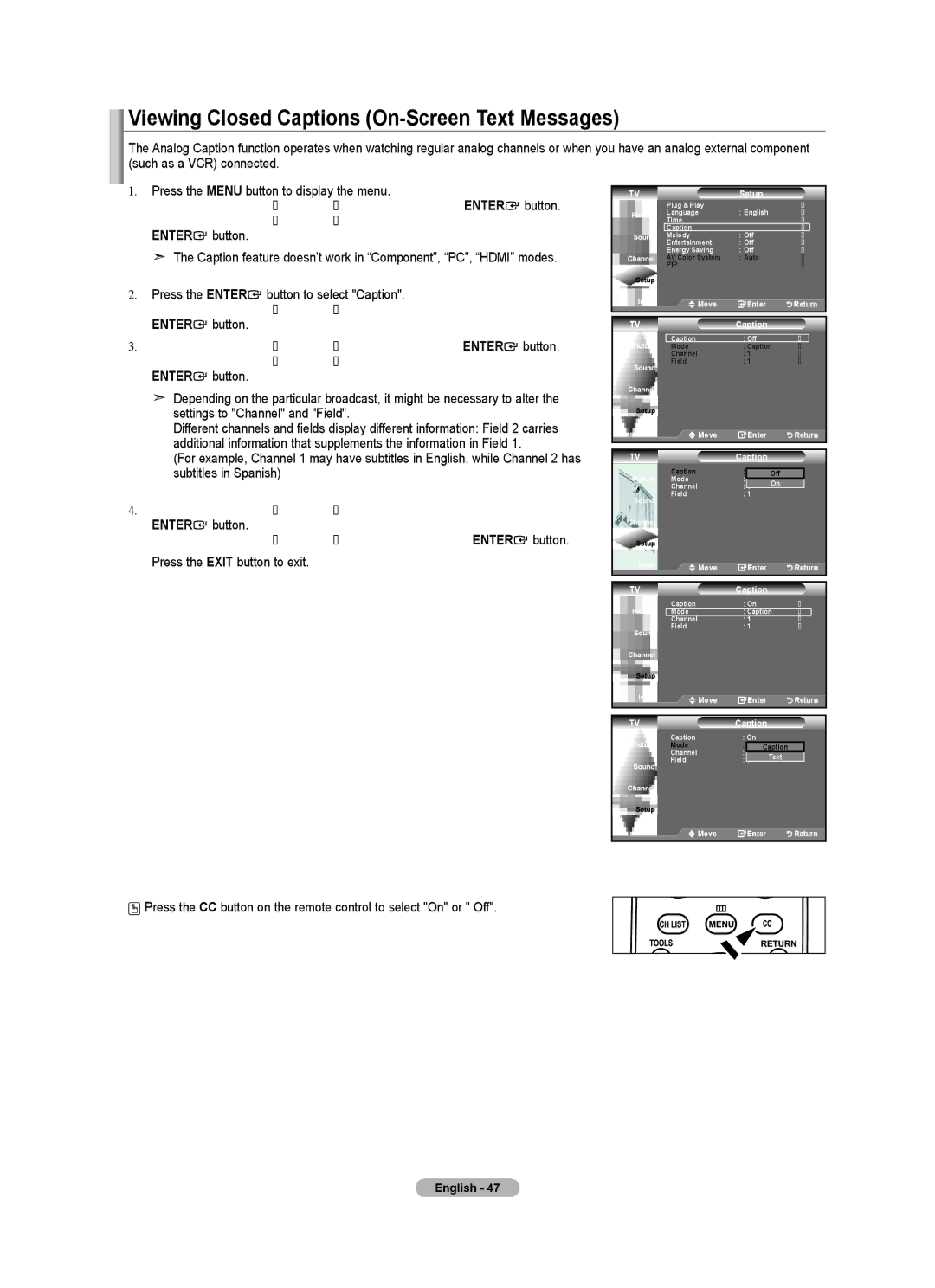 Samsung LN32A450C1 user manual Viewing Closed Captions On-Screen Text Messages 