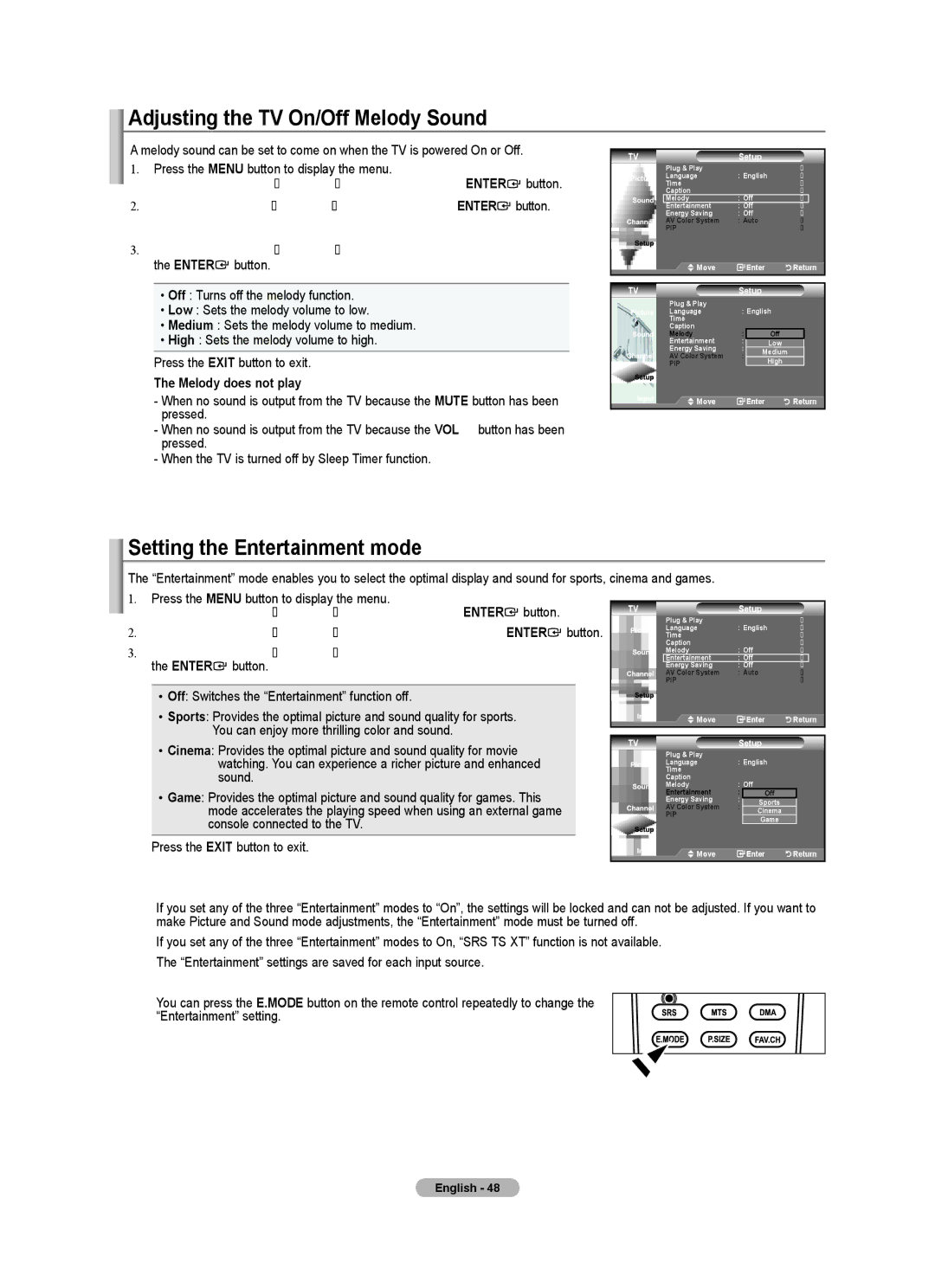 Samsung LN32A450C1 user manual Adjusting the TV On/Off Melody Sound, Setting the Entertainment mode, Melody does not play 