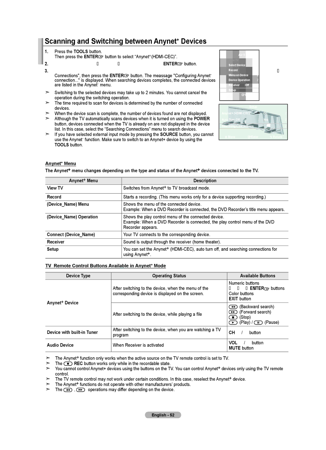 Samsung LN32A450C1 user manual Scanning and Switching between Anynet+ Devices 