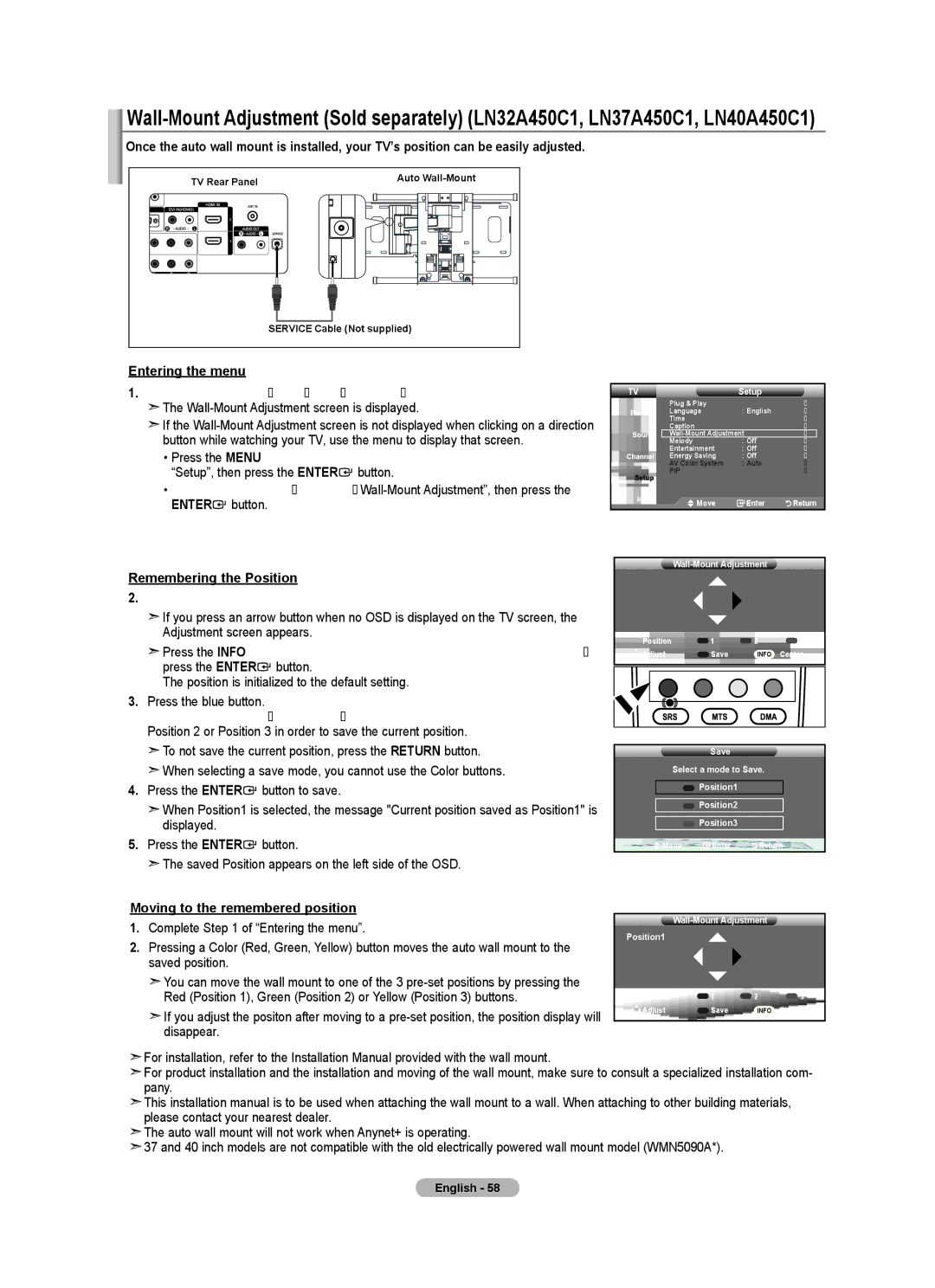 Samsung LN32A450C1 user manual Entering the menu, Remembering the Position, Moving to the remembered position 