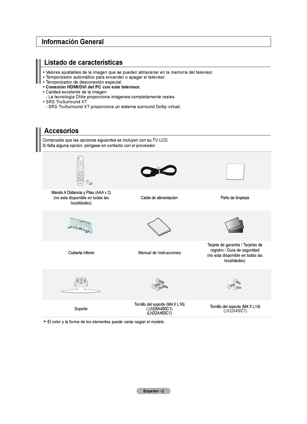 Samsung LN32A450C1 user manual Información General Listado de características, Accesorios, Cubierta inferior 