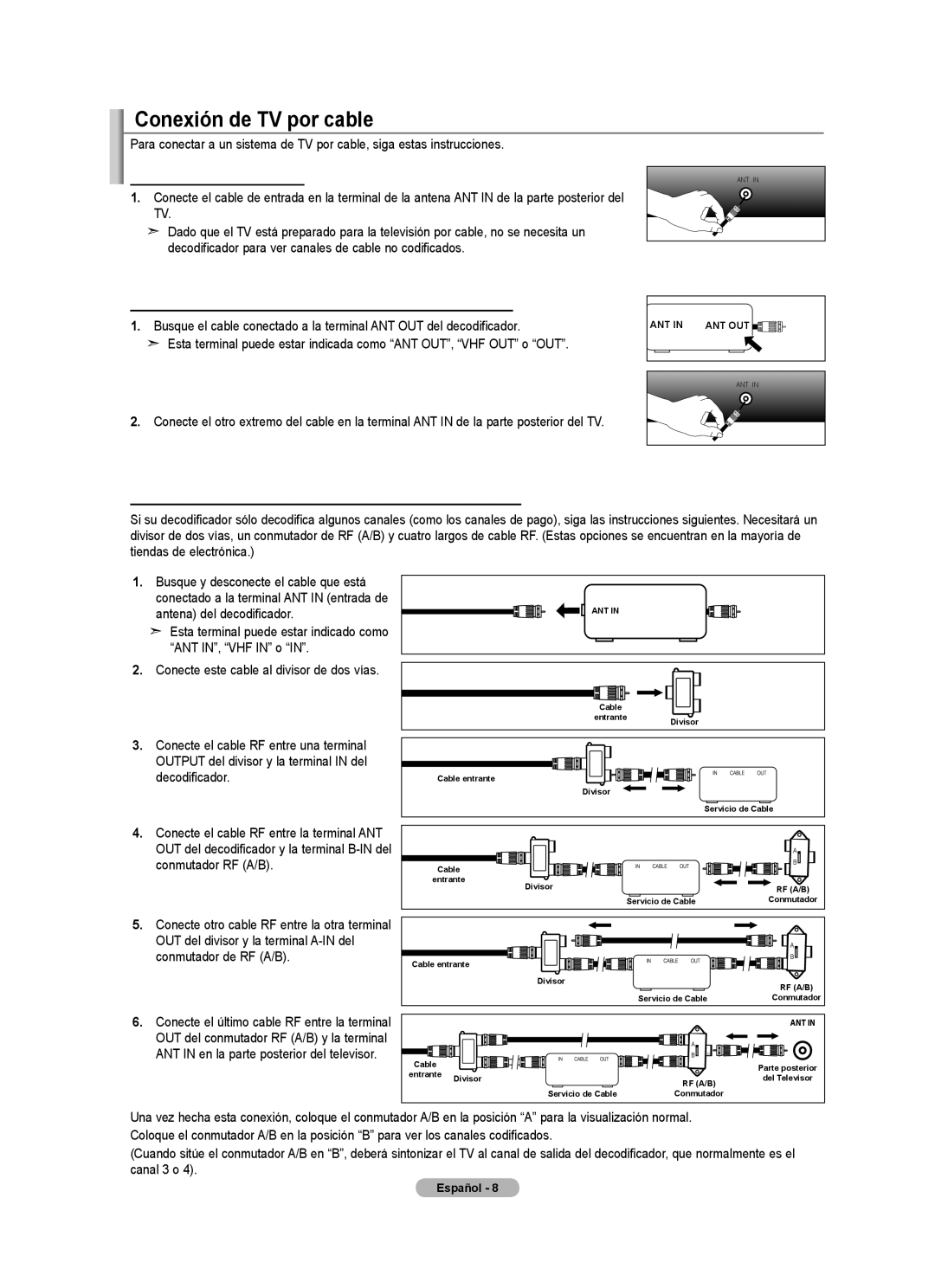 Samsung LN32A450C1 user manual Conexión de TV por cable, TV por cable sin decodificador 