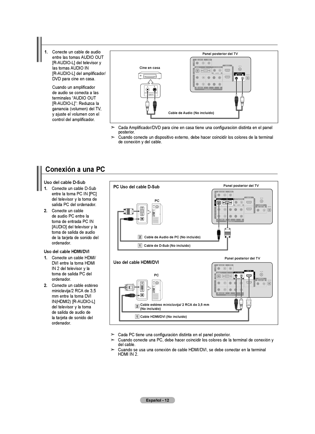 Samsung LN32A450C1 user manual Conexión de un amplificador/DVD para cine en casa, Conexión a una PC, Uso del cable D-Sub 