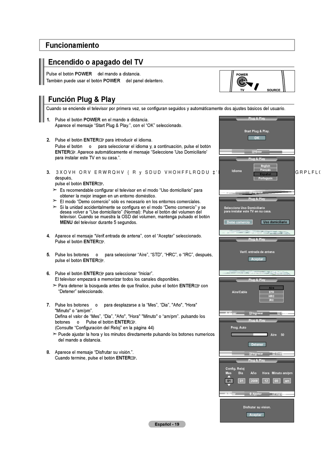 Samsung LN32A450C1 user manual Funcionamiento Encendido o apagado del TV, Función Plug & Play 