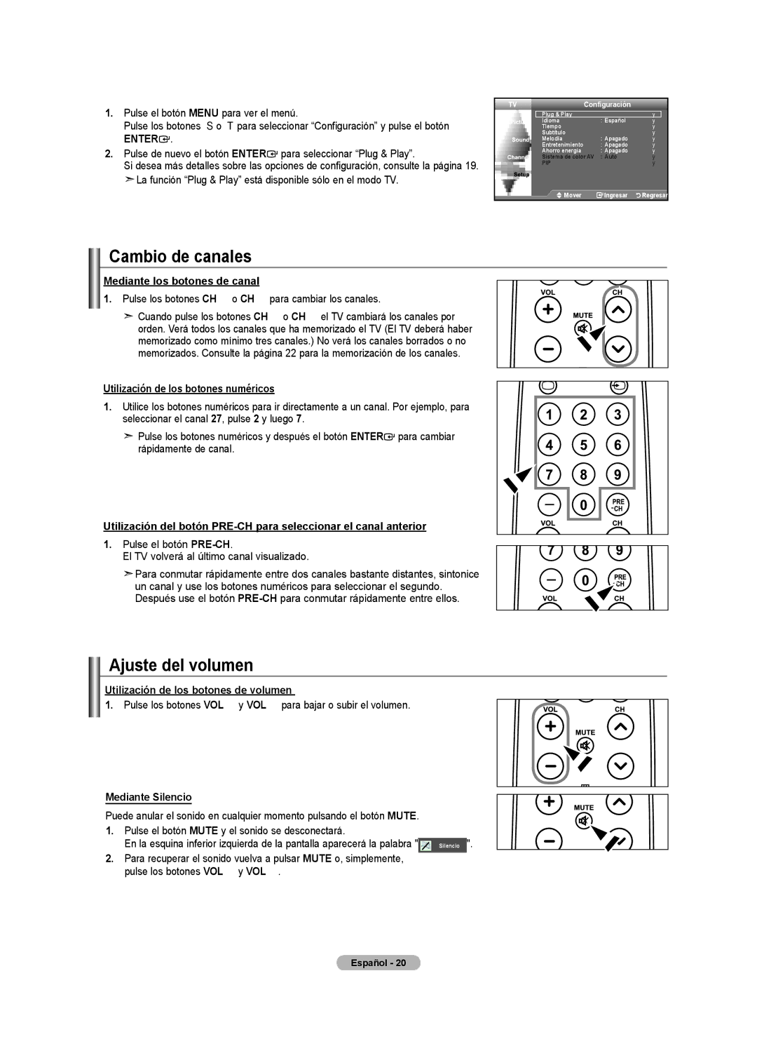 Samsung LN32A450C1 user manual Cambio de canales, Ajuste del volumen 