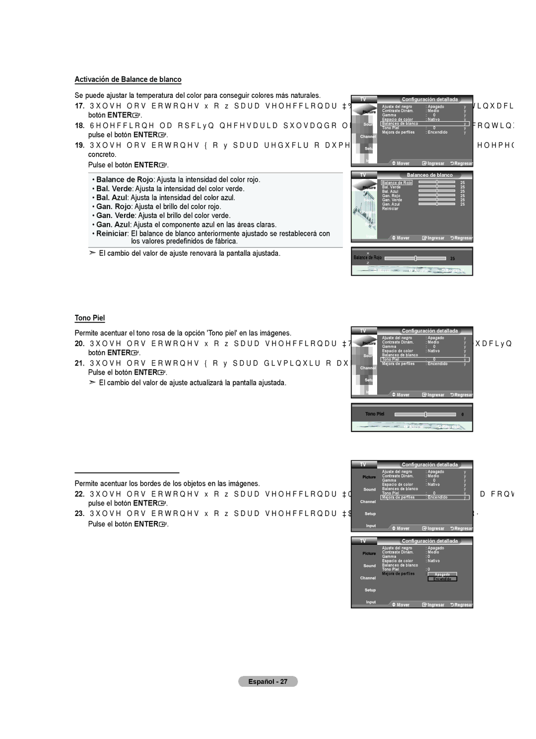 Samsung LN32A450C1 user manual Activación de Balance de blanco, Tono Piel, Activación de Mejora de perfiles 