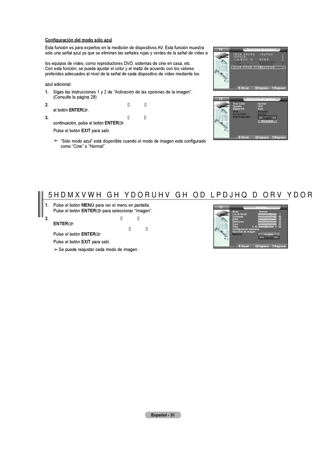 Samsung LN32A450C1 user manual Configuración del modo sólo azul, Pulse los botones o para selecciona Aceptar o Cancelar 