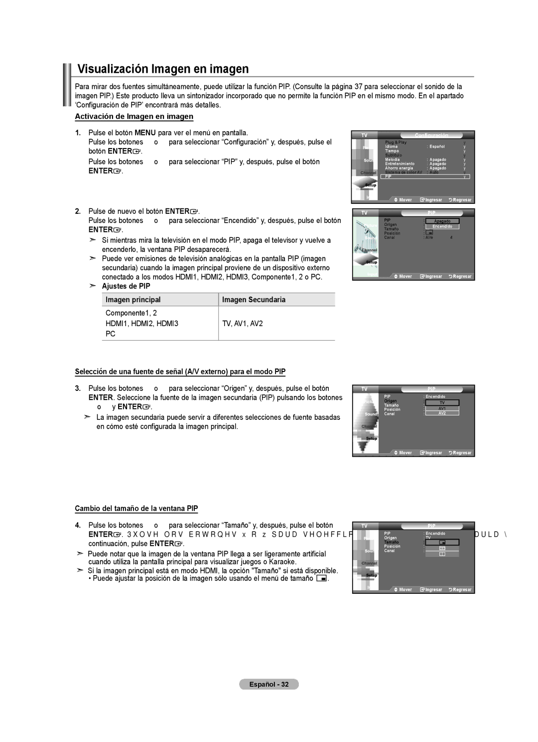 Samsung LN32A450C1 user manual Visualización Imagen en imagen, Activación de Imagen en imagen, Ajustes de PIP 