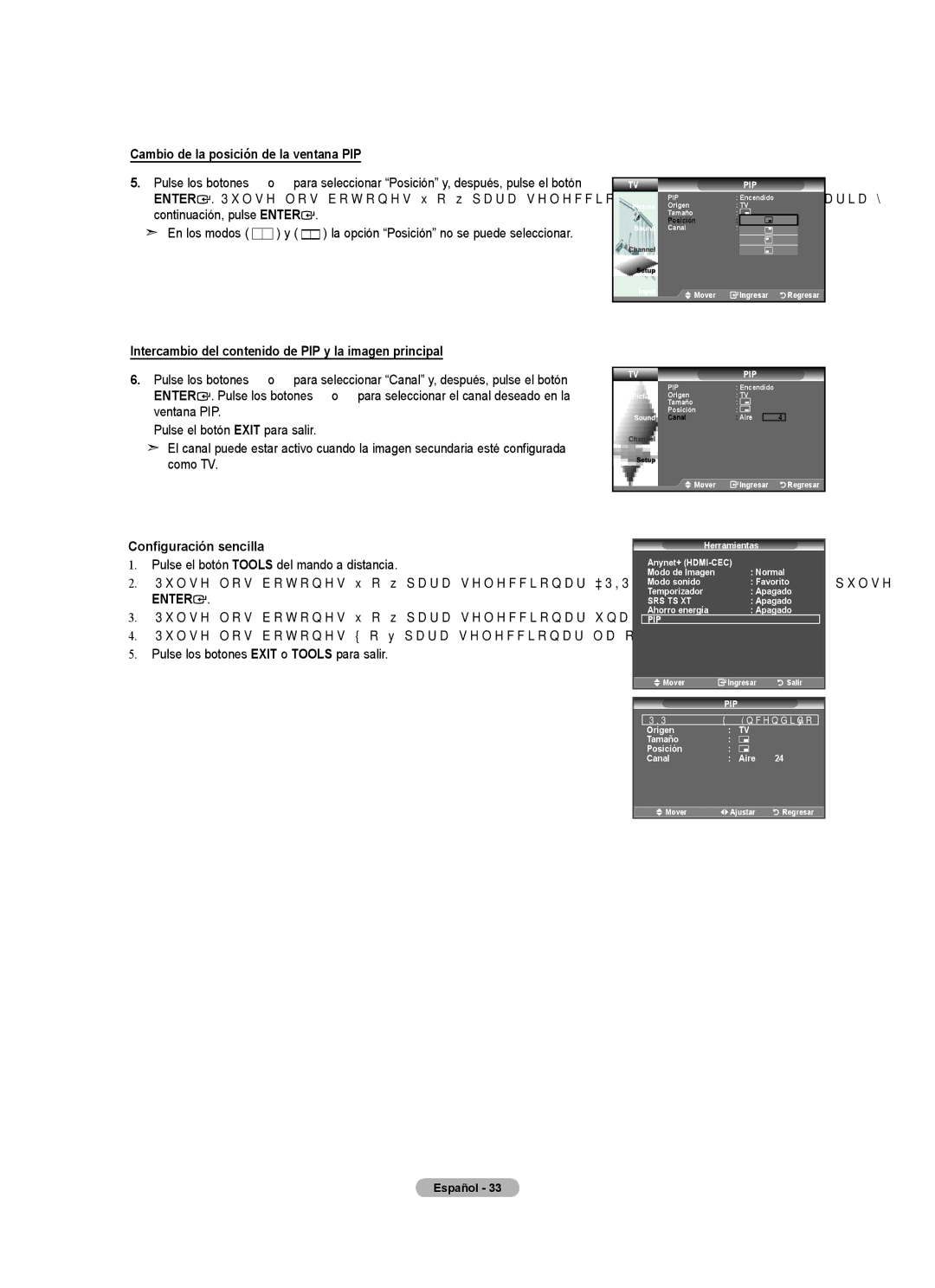 Samsung LN32A450C1 Cambio de la posición de la ventana PIP, Intercambio del contenido de PIP y la imagen principal 