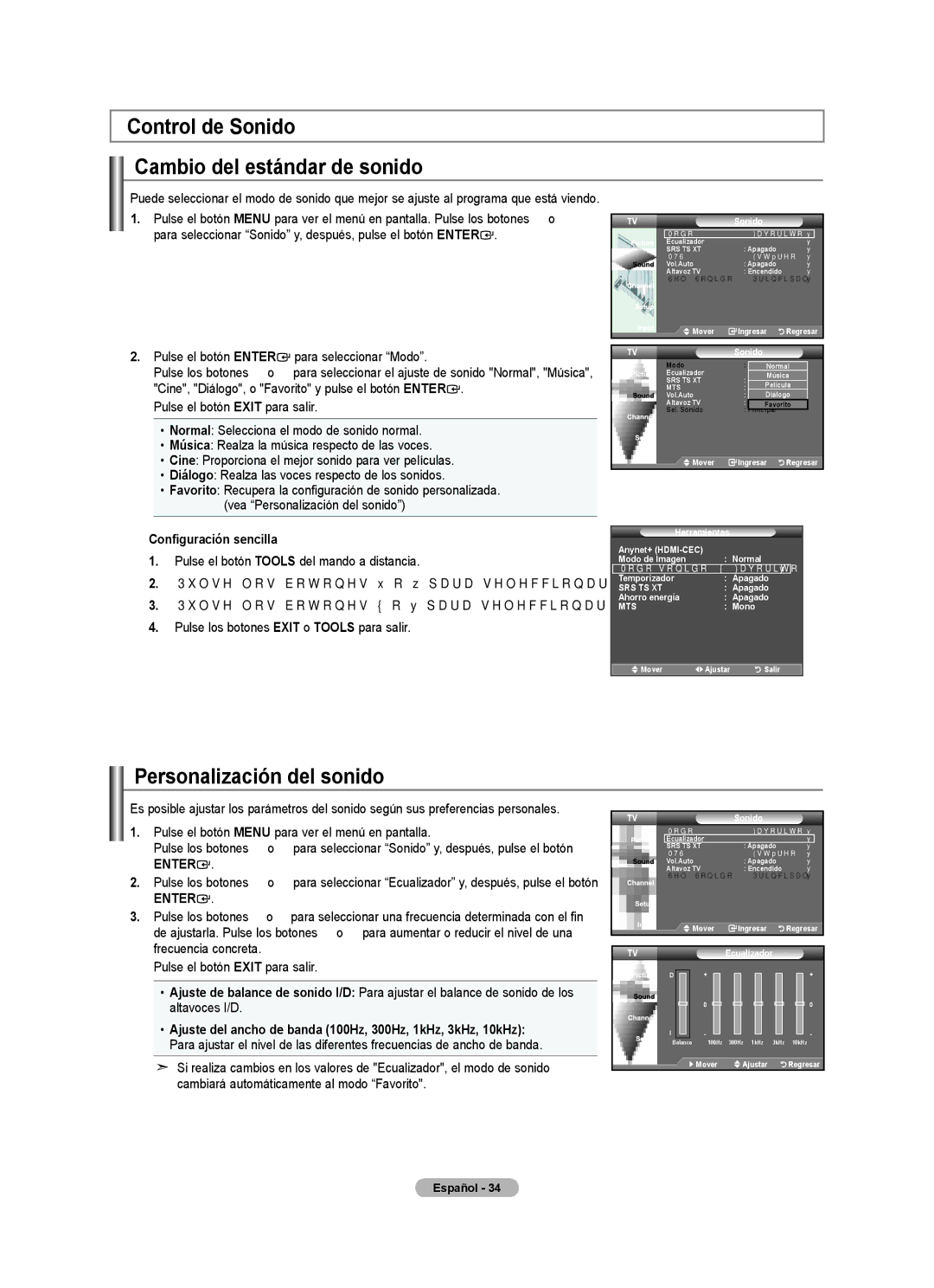 Samsung LN32A450C1 user manual Control de Sonido Cambio del estándar de sonido, Personalización del sonido, TVEcualizador 