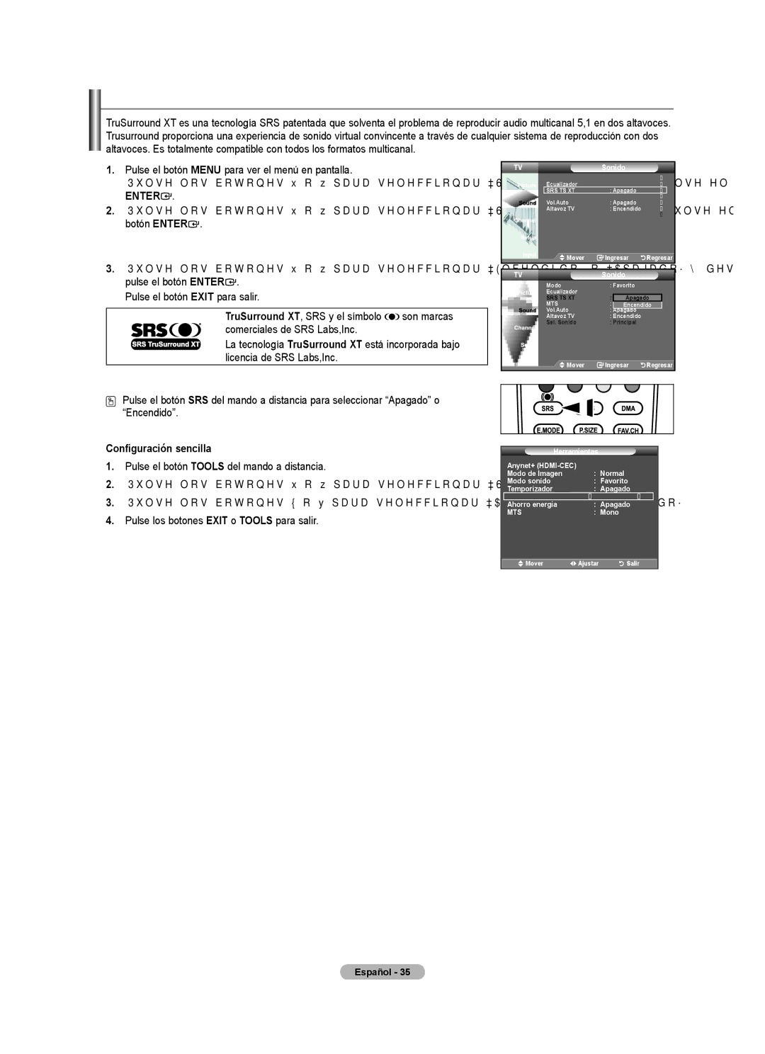 Samsung LN32A450C1 user manual Configuración del TruSurround XT SRS TS XT 