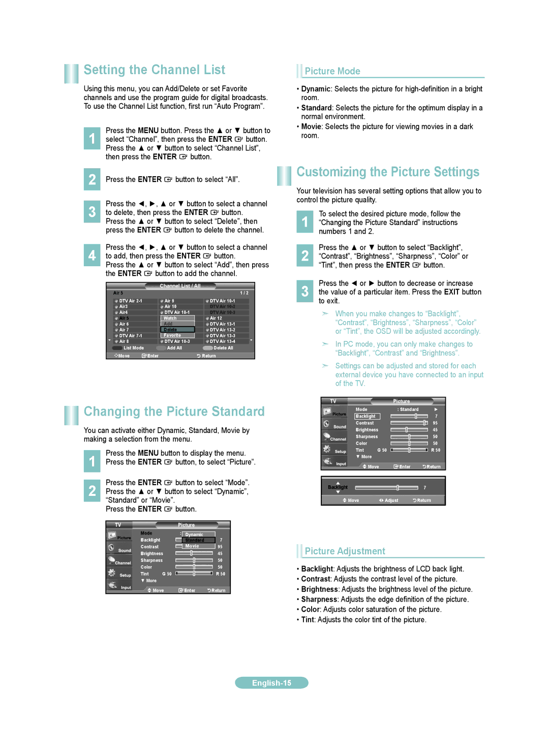 Samsung LN37A450CD Setting the Channel List, Customizing the Picture Settings, Changing the Picture Standard, Picture Mode 