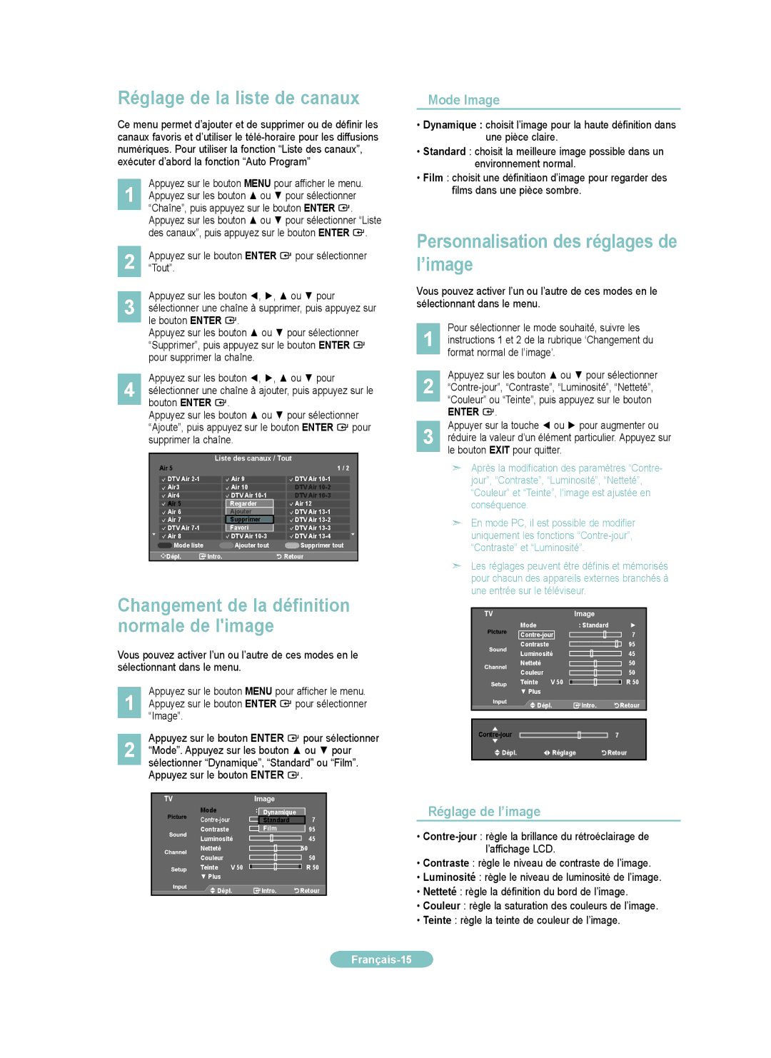 Samsung LN32A450CD Réglage de la liste de canaux, Personnalisation des réglages de l’image, Mode Image, Réglage de l’image 