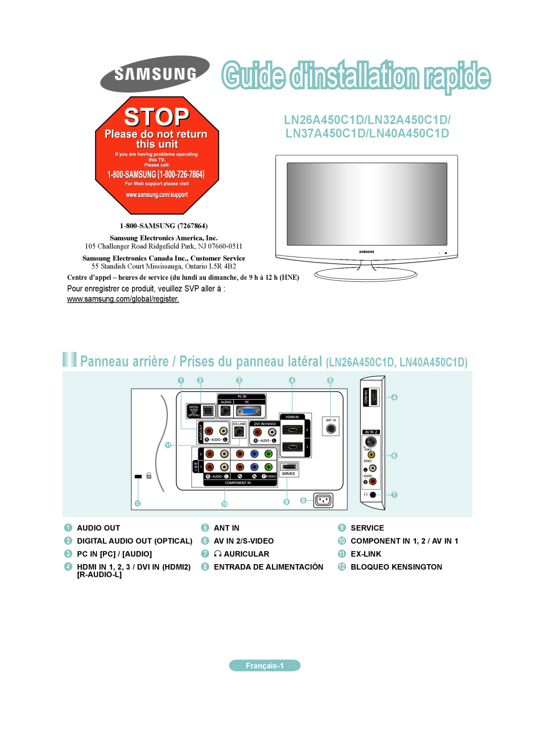 Samsung LN40A450CD manual Panneau arrière / Prises du panneau latéral LN26A450C1D, LN40A450C1D, Guide dinstallation rapide 