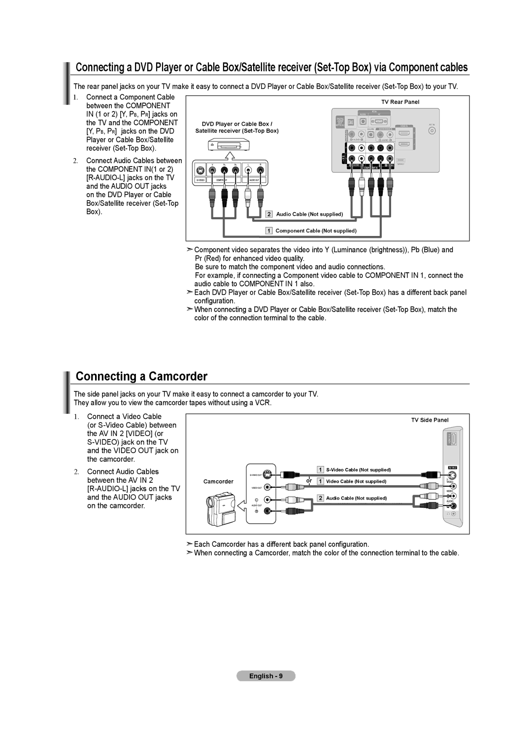 Samsung LN32A540P2D user manual Connecting a Camcorder, Between the AV, AUDIO-L jacks on the TV Audio OUT jacks 