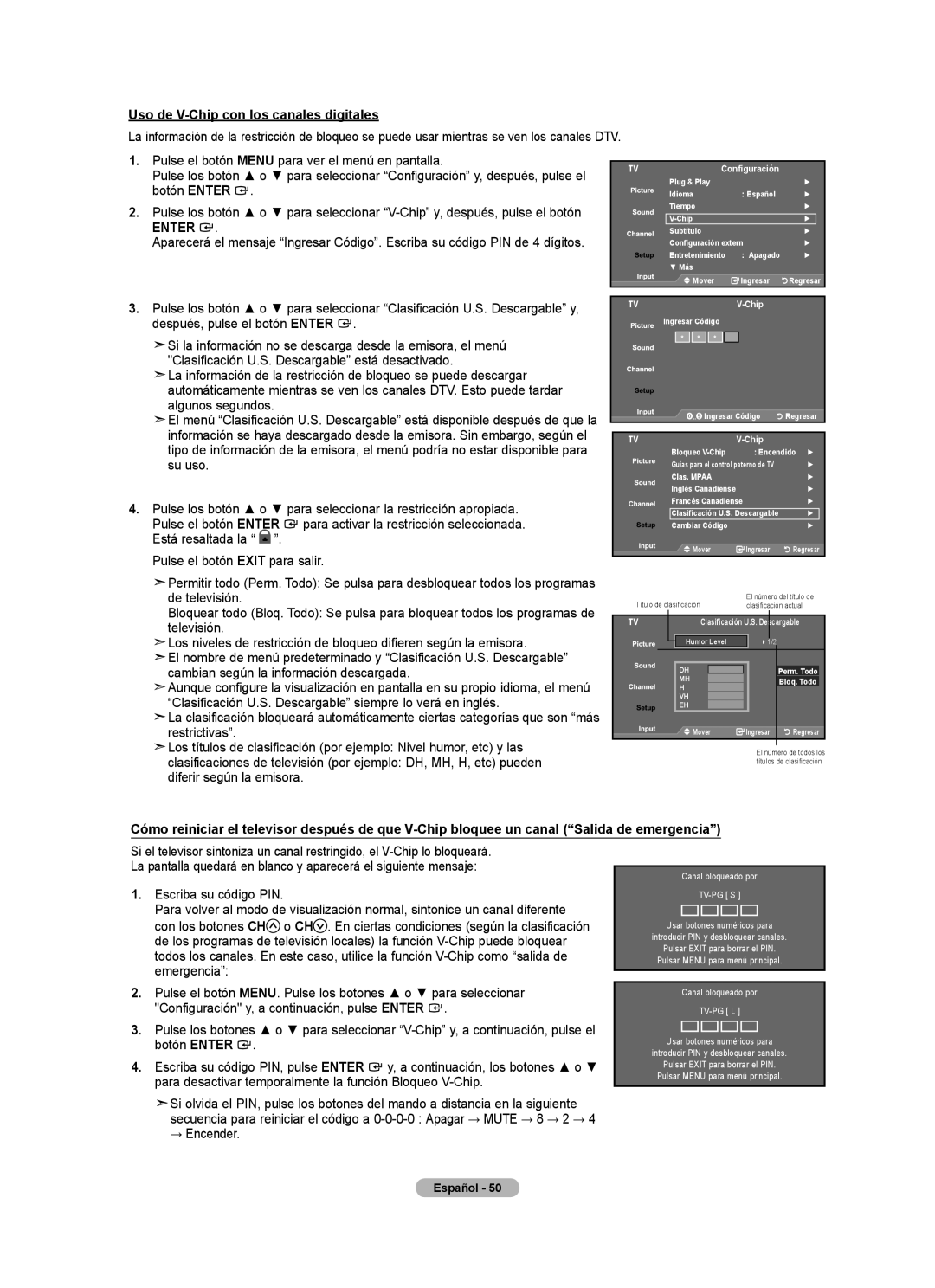 Samsung LN32A540P2D user manual Uso de V-Chip con los canales digitales 