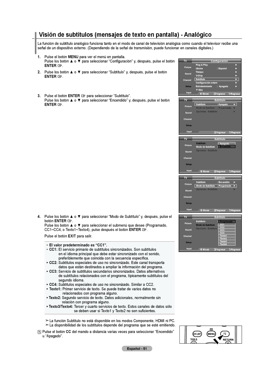 Samsung LN32A540P2D user manual Pulse el botón Enter para seleccionar Subtítulo, El valor predeterminado es CC1 