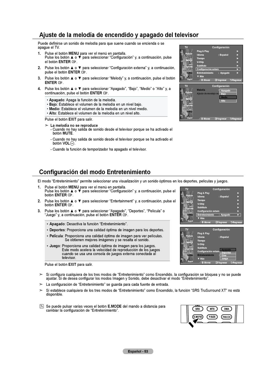 Samsung LN32A540P2D Ajuste de la melodía de encendido y apagado del televisor, Configuración del modo Entretenimiento 